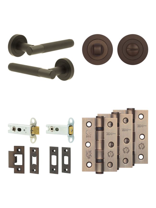 Complete Venice Door Handle Pack - Heavy Duty Tubular Bathroom (Standard Thumb Turn) - Dark Bronze - 76mm / 3-inch Hinges - JE-F31B3-DB