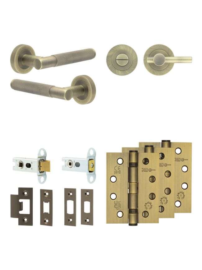 Complete Bari Door Handle Pack - Heavy Duty Tubular Bathroom (Plain Thumb Turn) - Antique Brass - 64mm / 4-inch Hinges - JE-D30A2-AB