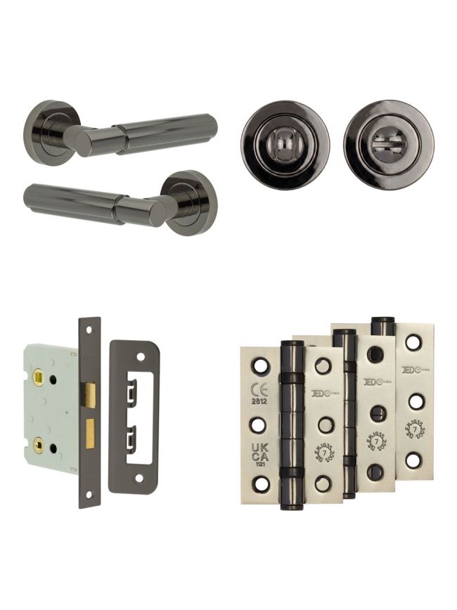 Complete Bloom Door Handle Pack - Bathroom Lock (Standard Thumb Turn) - Black Nickel - 76mm / 3-inch Hinges - JE-B6B3-BN