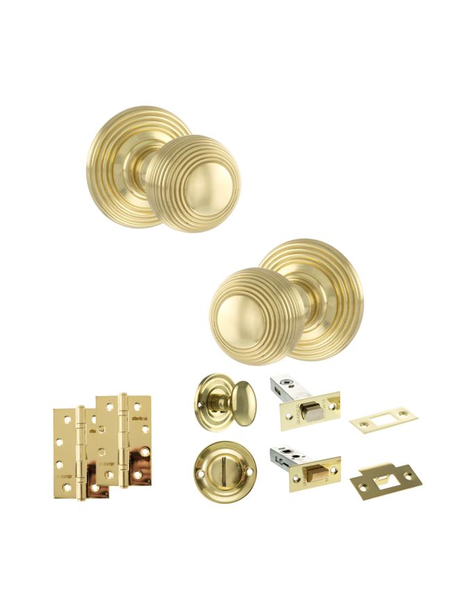 Old English Ripon Door Knob Pack (Bathroom Set - 3" Deadbolt, 4" Slim Knuckle Hinges x2) - Polished Brass