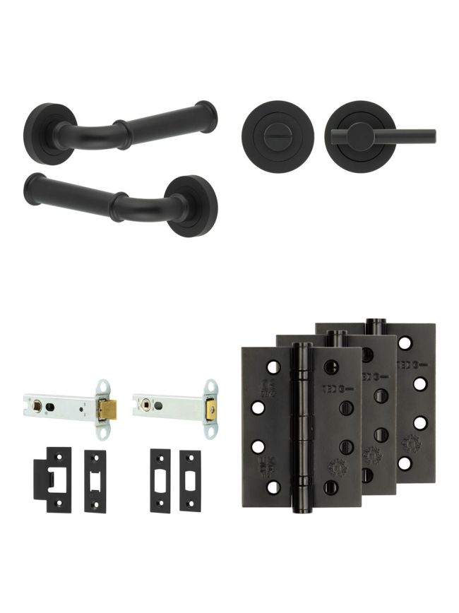Complete Classic Door Handle Pack - Heavy Duty Tubular Bathroom (Plain Thumb Turn) - Matt Black - 102mm / 4-inch Hinges - JE-A32A2-MB