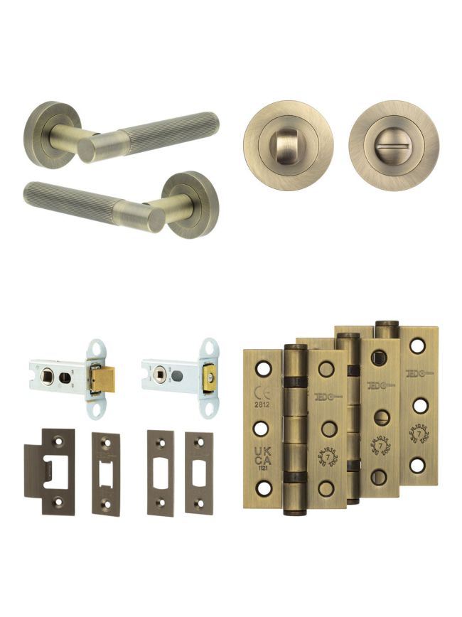 Complete Venice Door Handle Pack - Heavy Duty Tubular Bathroom (Standard Thumb Turn) - Antique Brass - 64mm / 3-inch Hinges - JE-F30B3-AB
