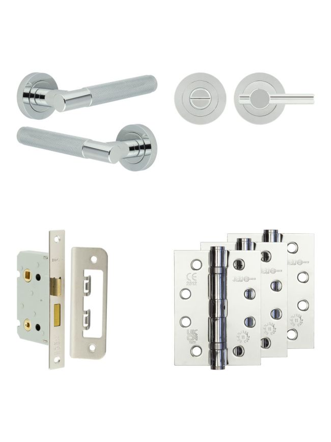 Complete Bari Door Handle Pack - Bathroom Lock (Plain Thumb Turn) - Polished Chrome - 65mm / 4-inch Hinges - JE-D5A2-PC