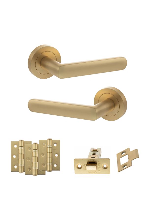 STATUS Carolina Door Handle Pack (Latch Set - 2.5" CE Latch, 3" Fire Rated Hinges x3) - Satin Brass