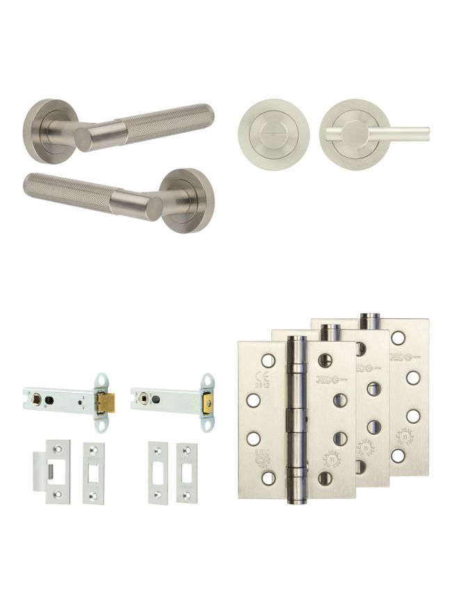 Complete Bari Door Handle Pack - Heavy Duty Tubular Bathroom (Plain Thumb Turn) - Satin Nickel - 102mm / 4-inch Hinges - JE-D32A2-SN