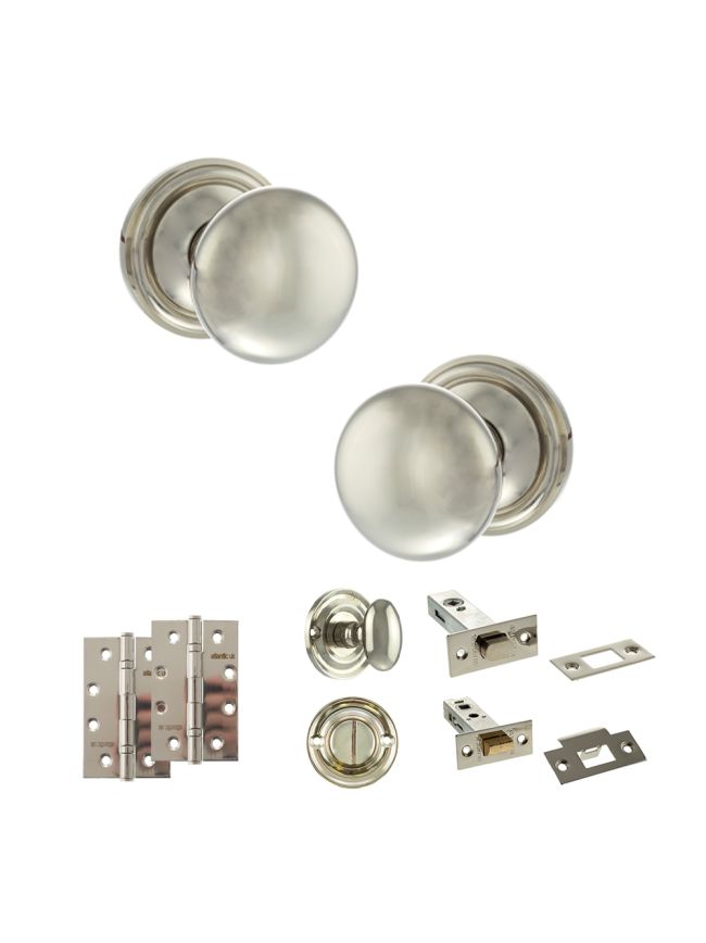 Old English Harrogate Door Knob Pack (Bathroom Set - 3" Deadbolt, 4" Slim Knuckle Hinges x2) - Polished Nickel