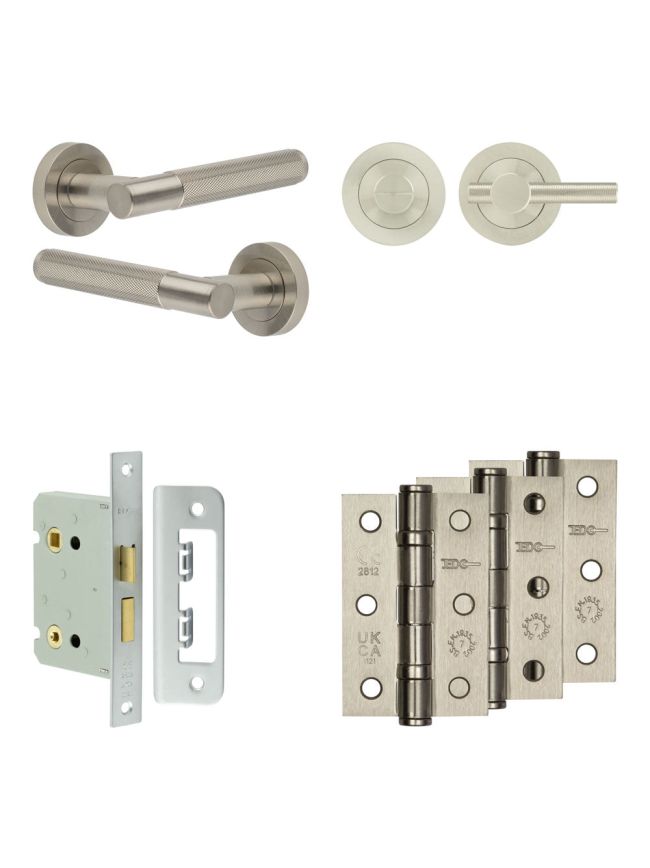 Complete Bari Door Handle Pack - Bathroom Lock (Knurled Thumb Turn) - Satin Nickel - 76mm / 3-inch Hinges - JE-D6B1-SN