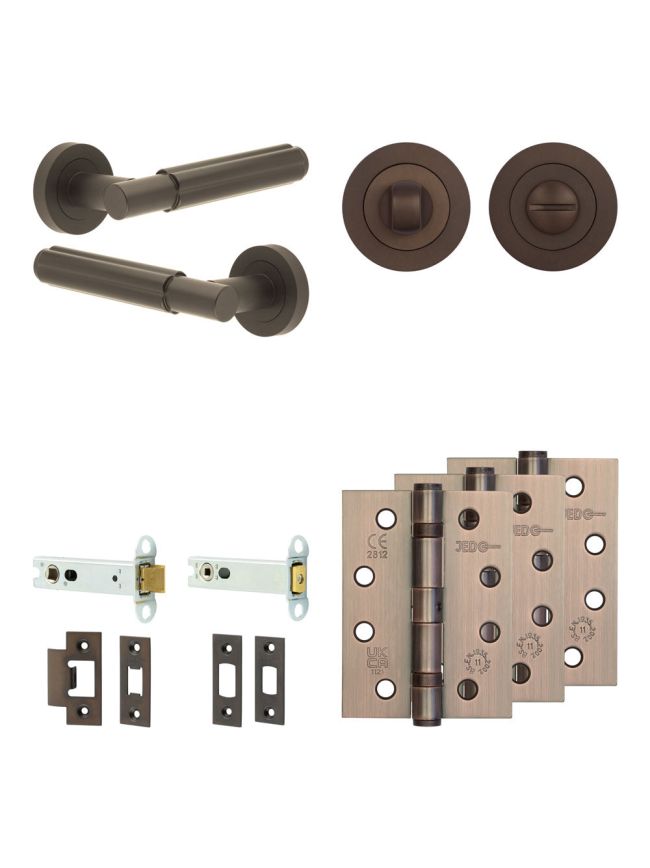 Complete Bloom Door Handle Pack - Heavy Duty Tubular Bathroom (Standard Thumb Turn) - Dark Bronze - 102mm / 4-inch Hinges - JE-B32A3-DB