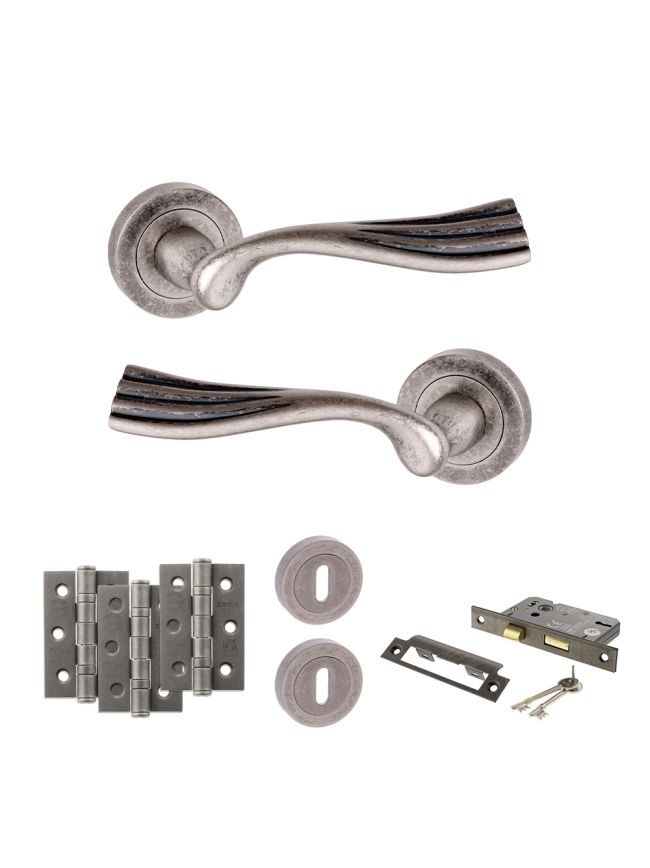 Old English Richmond Door Handle Pack (3 Lever Lock Set - 2.5" CE Sashlock, 3" Fire Rated Hinges x3) - Distressed Silver