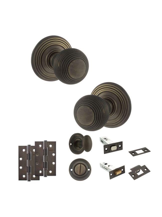 Old English Ripon Door Knob Pack (Bathroom Set - 3" Deadbolt, 4" Slim Knuckle Hinges x2) - Urban Bronze