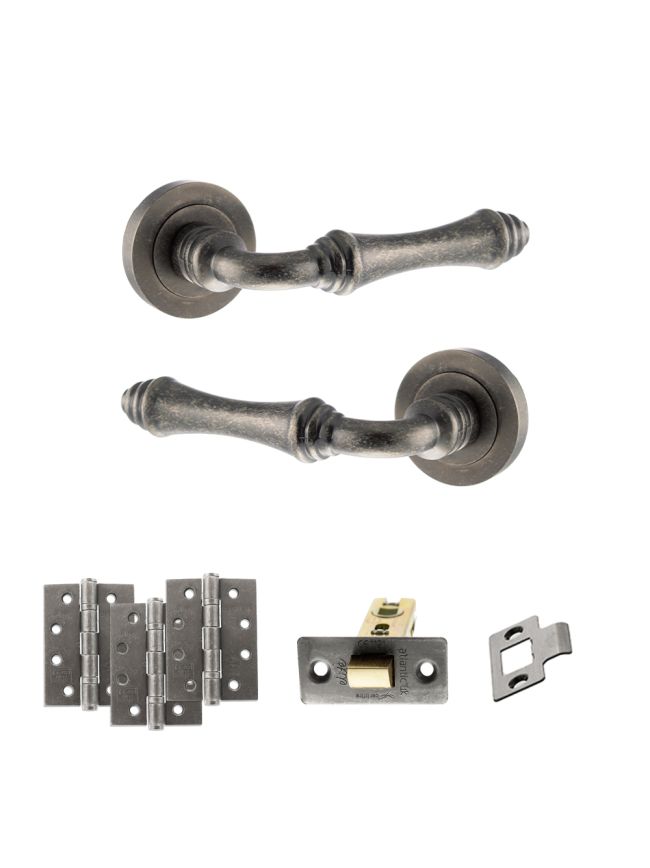 Old English Durham Door Handle Pack (Latch Set - 2.5" CE Latch, 4" Fire Rated Hinges x3) - Distressed Silver