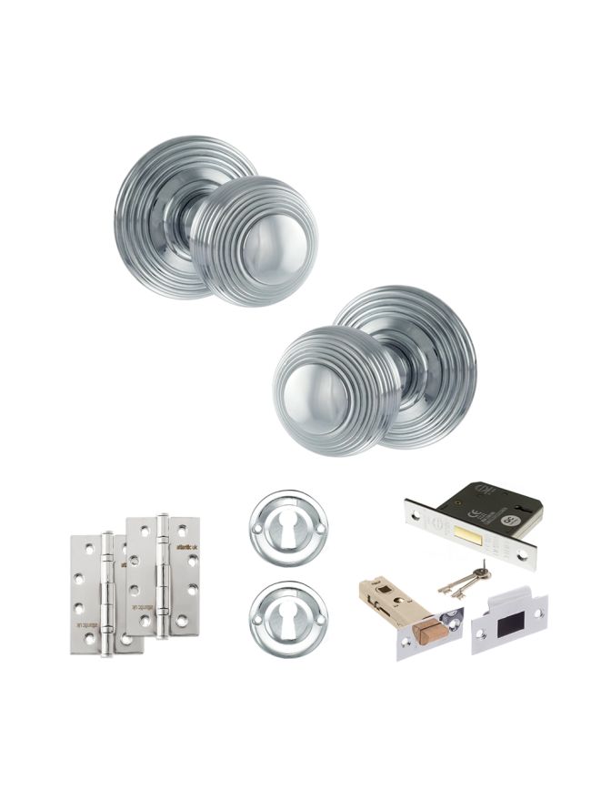 Old English Ripon Door Knob Pack (Lock Set - 3" Latch & Deadlock, 4" Slim Knuckle Hinges x2) - Polished Chrome