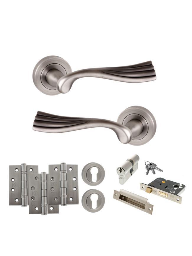 Old English Richmond Door Handle Pack (Euro Lock Set - 2.5" CE Sashlock, 4" Fire Rated Hinges x3) - Matt Gun Metal