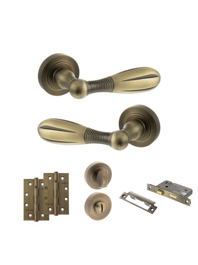 Old English Cambridge Door Handle Pack (Bathroom Set - 3" CE Bathroom Lock, 4" Slim Knuckle Hinges x2) - Matt Antique Brass