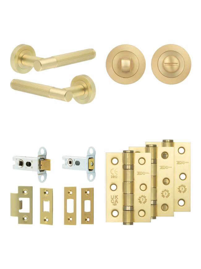 Complete Venice Door Handle Pack - Heavy Duty Tubular Bathroom (Standard Thumb Turn) - Satin Brass - 64mm / 3-inch Hinges - JE-F30B3-SB