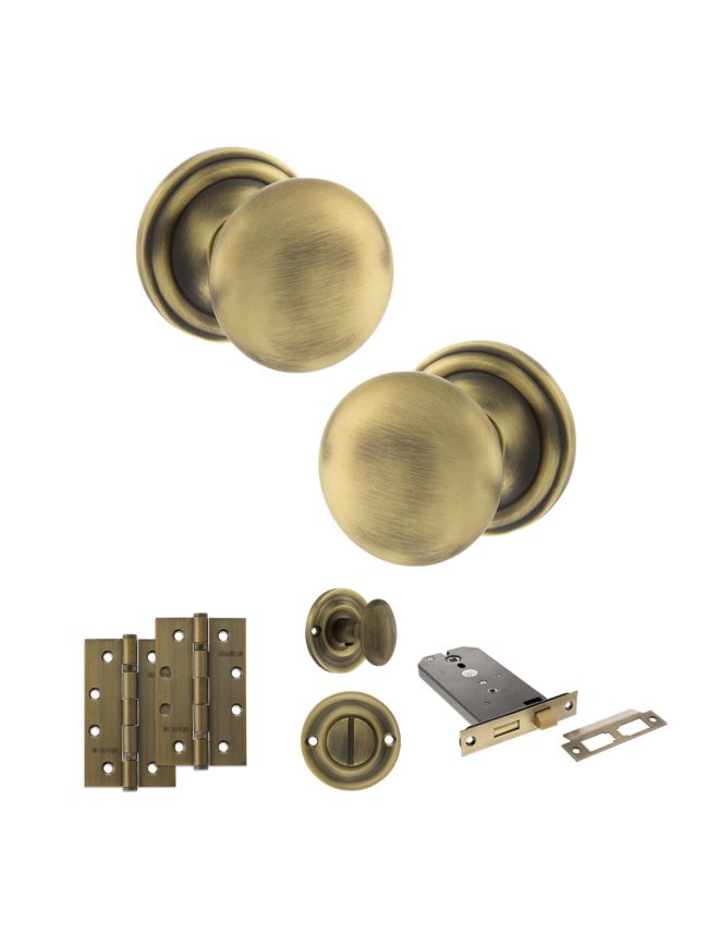 Old English Harrogate Door Knob Pack (Lock Set - Horizontal Bathlock, 4" Slim Knuckle Hinges x2) - Matt Antique Brass