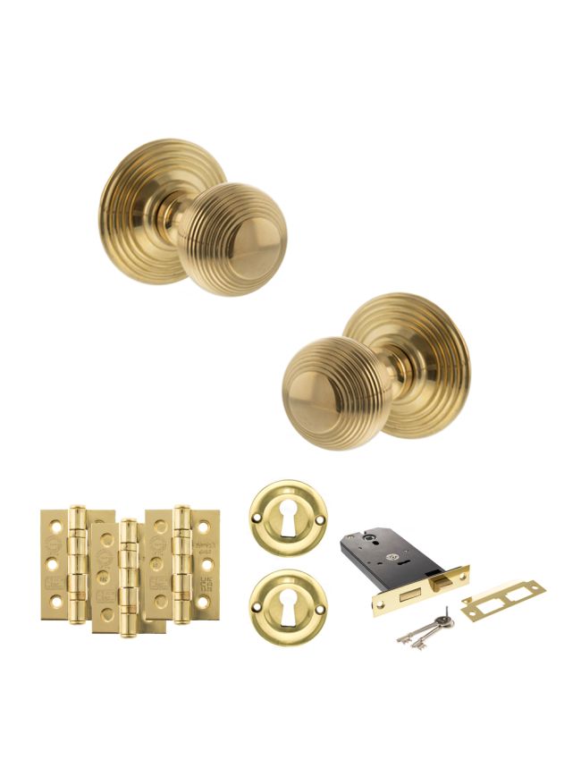 Old English Ripon Door Knob Pack (Lock Set - Horizontal Sashlock, 3" Fire Rated Hinges x3) - Raw Brass