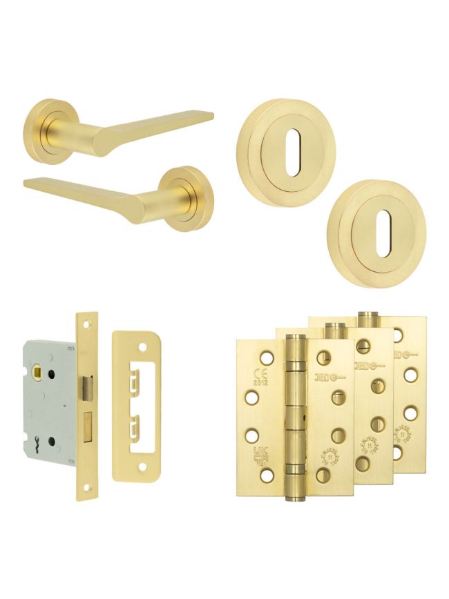Complete Gio Door Handle Pack - Sashlock - Satin Brass - 76mm / 4-inch Hinges - JE-E8A8-SB
