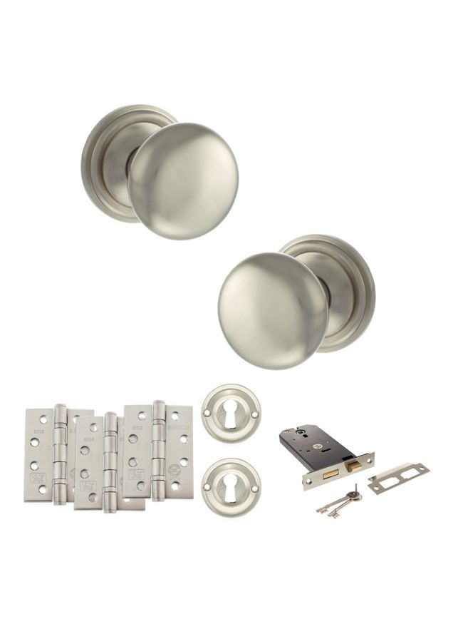 Old English Harrogate Door Knob Pack (Lock Set - Horizontal Sashlock, 4" Fire Rated Hinges x3) - Satin Nickel
