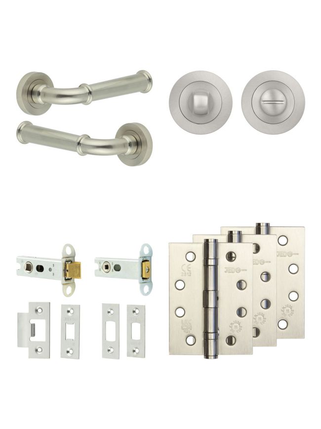 Complete Classic Door Handle Pack - Heavy Duty Tubular Bathroom (Standard Thumb Turn) - Satin Nickel - 76mm / 4-inch Hinges - JE-A31A3-SN