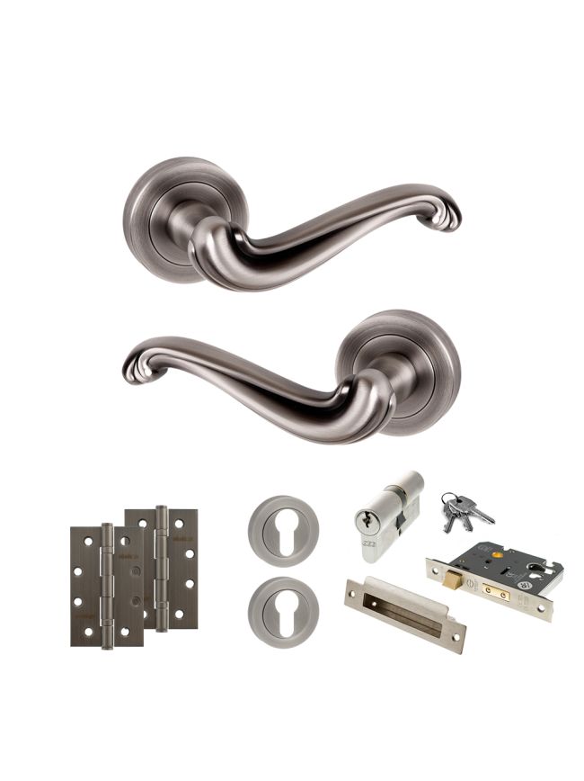 Old English Colchester Door Handle Pack (Euro Lock Set - 3" CE Sashlock, 4" Slim Knuckle Hinges x2) - Matt Gun Metal