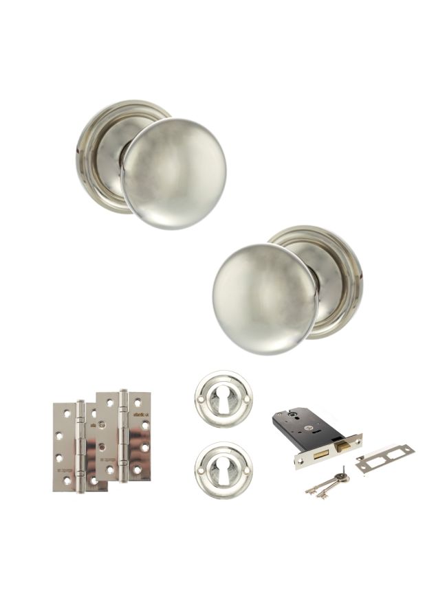 Old English Harrogate Door Knob Pack (Lock Set - Horizontal Sashlock, 4" Slim Knuckle Hinges x2) - Polished Nickel