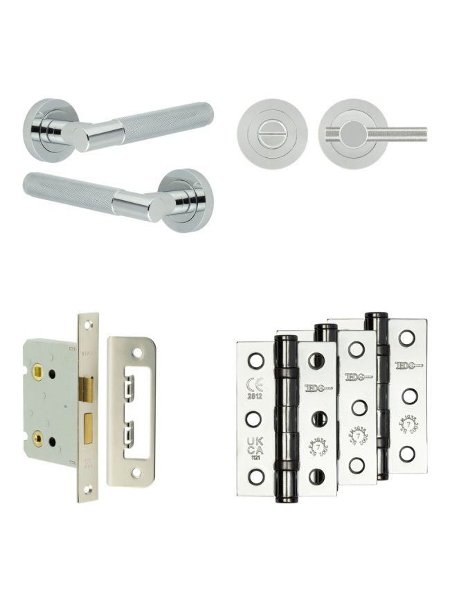 Complete Bari Door Handle Pack - Bathroom Lock (Knurled Thumb Turn) - Polished Chrome - 76mm / 3-inch Hinges - JE-D6B1-PC