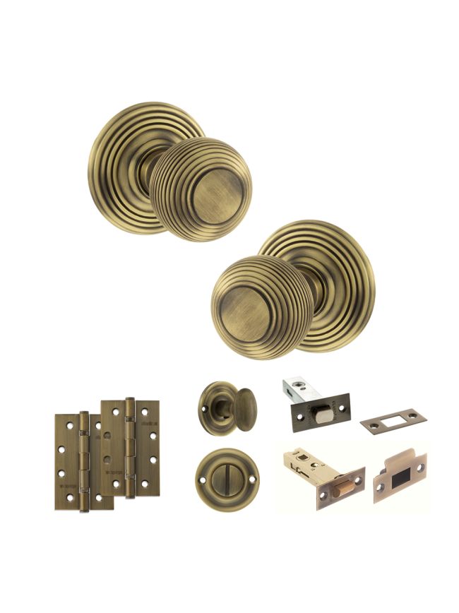 Old English Ripon Door Knob Pack (Bathroom Set - 3" Deadbolt, 4" Slim Knuckle Hinges x2) - Matt Antique Brass