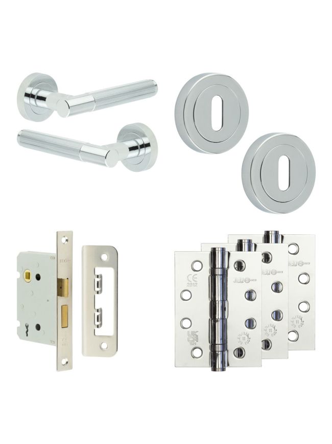 Complete Venice Door Handle Pack - Sashlock - Polished Chrome - 76mm / 4-inch Hinges - JE-F8A8-PC