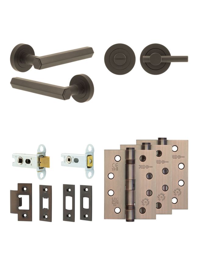 Complete Hex Door Handle Pack - Heavy Duty Tubular Bathroom (Plain Thumb Turn) - Dark Bronze - 64mm / 4-inch Hinges - JE-C30A2-DB