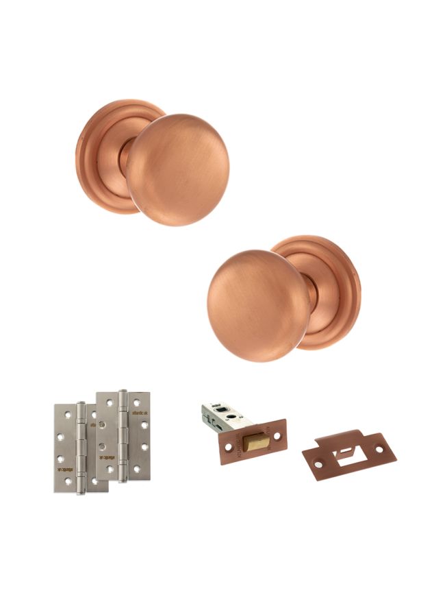 Old English Harrogate Door Knob Pack (Latch Set - 4" HD Latch, 4" Slim Knuckle Hinges x2) - Urban Satin Copper
