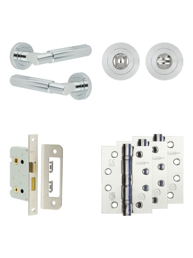 Complete Bloom Door Handle Pack - Bathroom Lock (Standard Thumb Turn) - Polished Chrome - 65mm / 4-inch Hinges - JE-B5A3-PC