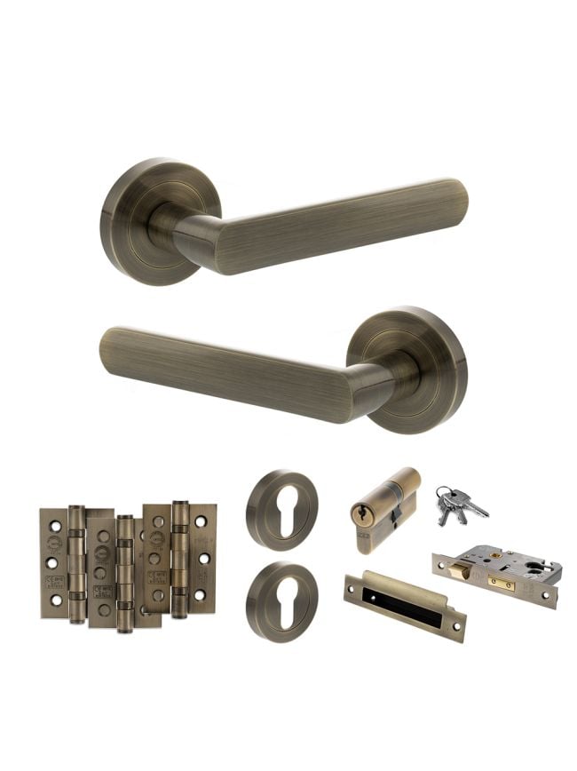 STATUS Carolina Door Handle Pack (Euro Lock Set - 3" CE Sashlock, 3" Fire Rated Hinges x3) - Antique Brass