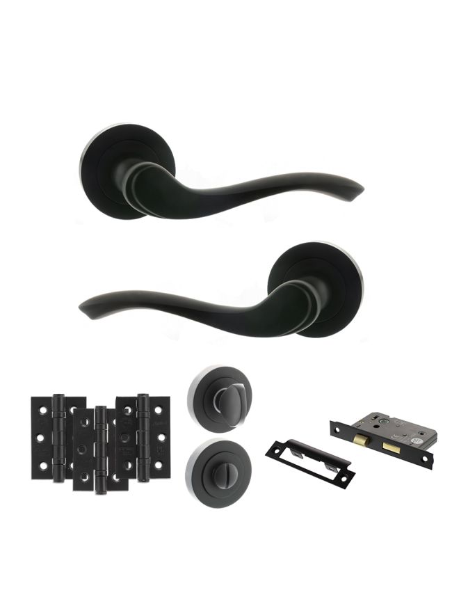 Old English Warwick Door Handle Pack (Bathroom Set - 3" CE Bathroom Lock, 3" Fire Rated Hinges x3) - Matt Black