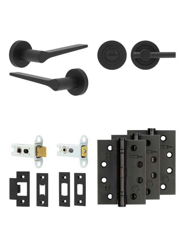 Complete Gio Door Handle Pack - Heavy Duty Tubular Bathroom (Plain Thumb Turn) - Matt Black - 64mm / 4-inch Hinges - JE-E30A2-MB