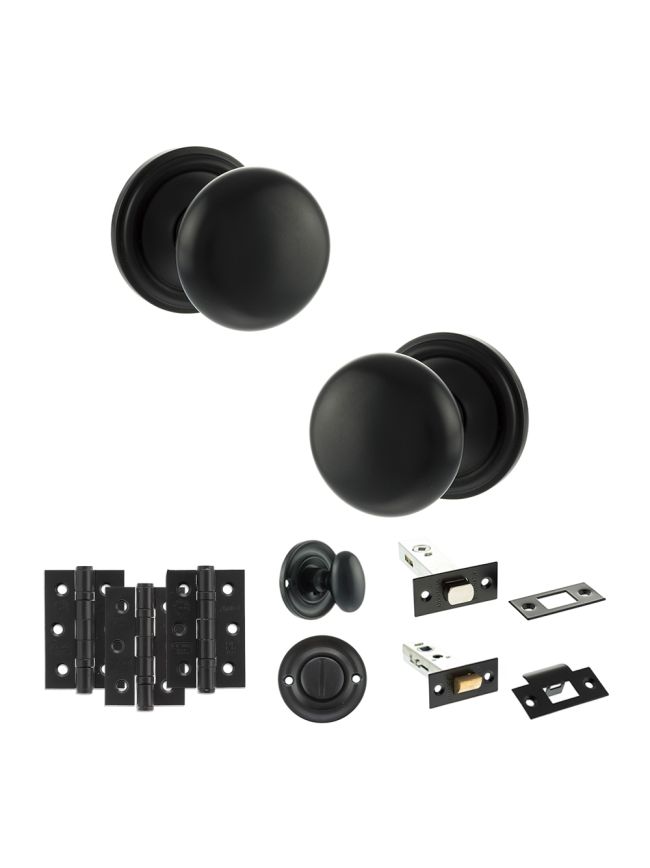 Old English Harrogate Door Knob Pack (Bathroom Set - 4" Deadbolt, 3" Fire Rated Hinges x3) - Matt Black