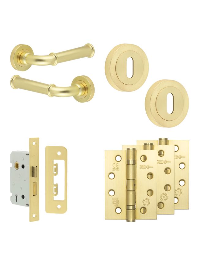 Complete Classic Door Handle Pack - Sashlock - Satin Brass - 65mm / 4-inch Hinges - JE-A7A8-SB