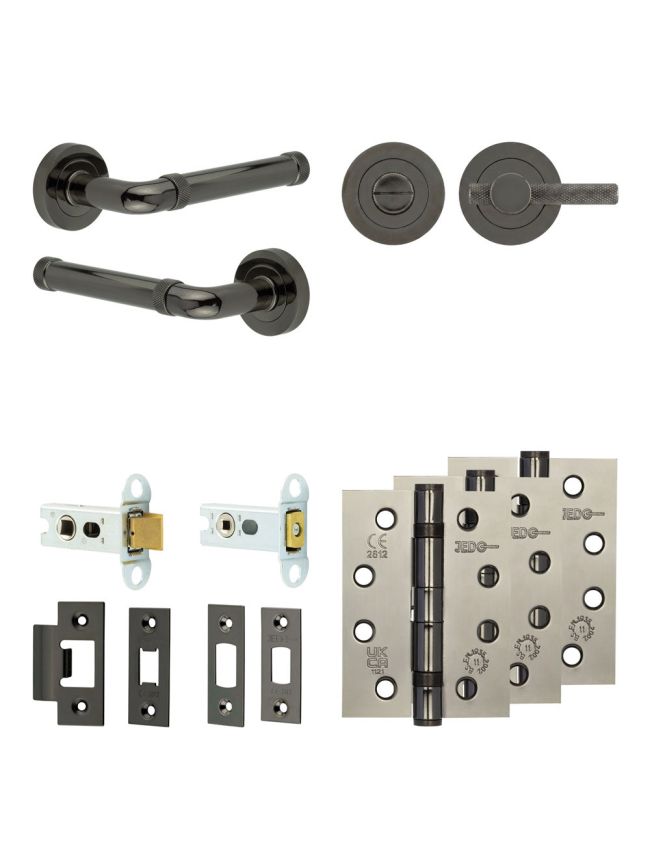 Complete Midtown Door Handle Pack - Heavy Duty Tubular Bathroom (Knurled Thumb Turn) - Black Nickel - 64mm / 4-inch Hinges - JE-G30A1-BN
