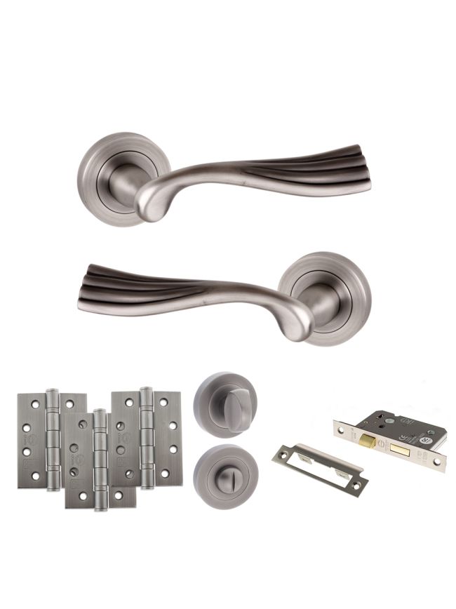 Old English Richmond Door Handle Pack (Bathroom Set - 3" CE Bathroom Lock, 4" Fire Rated Hinges x3) - Matt Gun Metal
