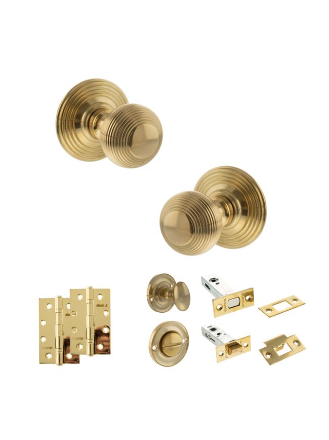 Old English Ripon Door Knob Pack (Bathroom Set - 4" Deadbolt, 4" Slim Knuckle Hinges x2) - Raw Brass