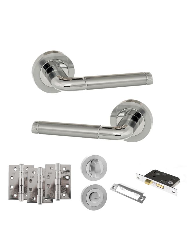 Eco Ocean Door Handle Pack (Bathroom Set - 2.5" CE Bathroom Lock, 4" Fire Rated Hinges x3) - Satin Chrome/Polished Chrome