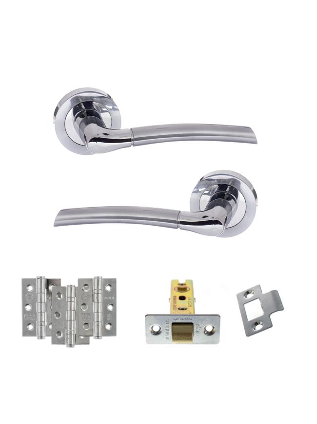 Eco Swell Door Handle Pack (Latch Set - 3" CE Latch, 3" Fire Rated Hinges x3) - Satin Chrome/Polished Chrome
