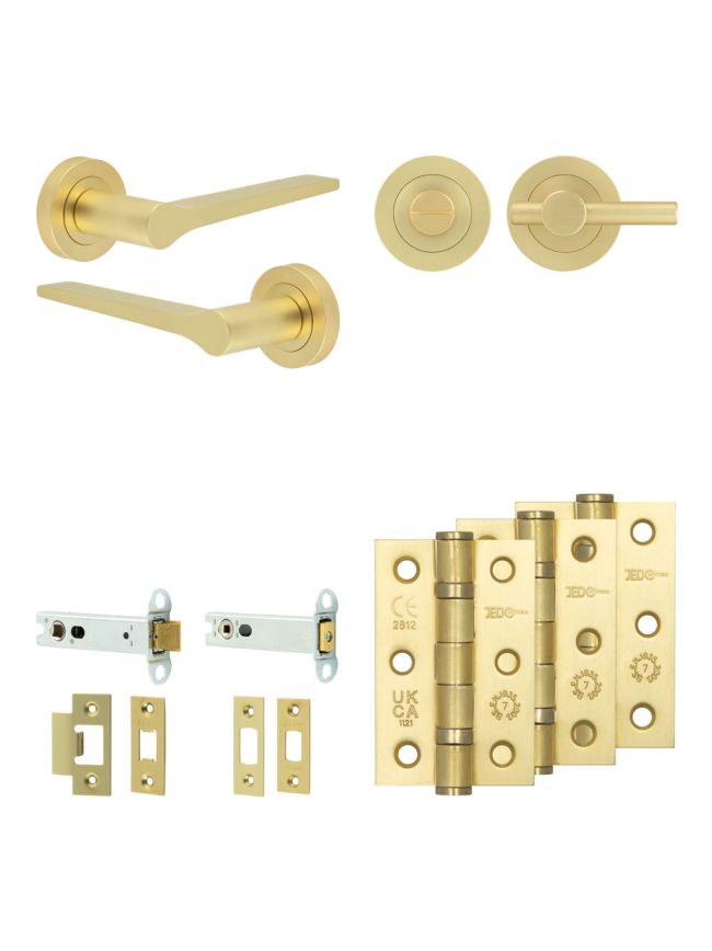 Complete Gio Door Handle Pack - Heavy Duty Tubular Bathroom (Plain Thumb Turn) - Satin Brass - 102mm / 3-inch Hinges - JE-E32B2-SB