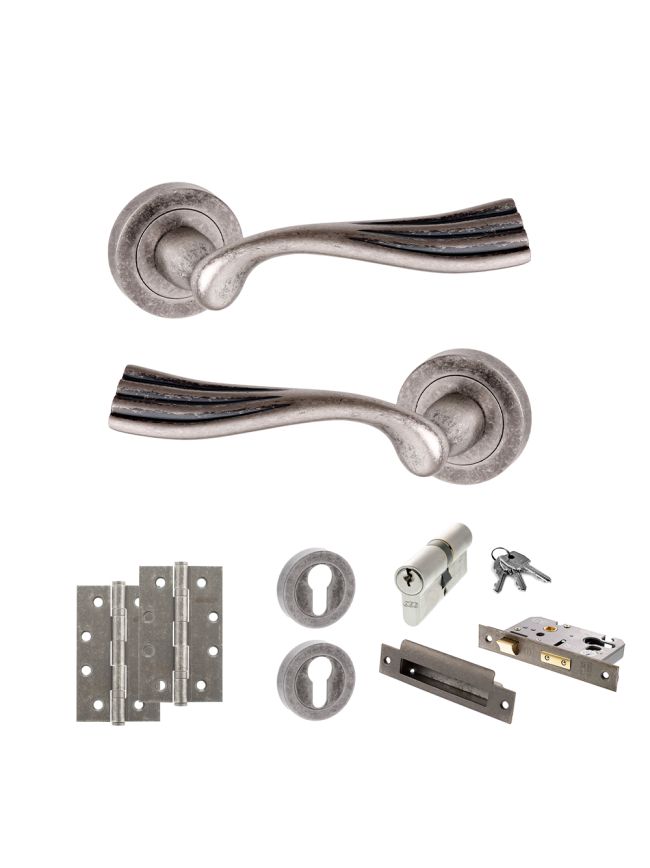 Old English Richmond Door Handle Pack (Euro Lock Set - 2.5" CE Sashlock, 4" Slim Knuckle Hinges x2) - Distressed Silver