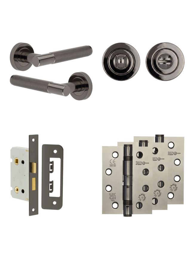 Complete Bari Door Handle Pack - Bathroom Lock (Standard Thumb Turn) - Black Nickel - 65mm / 4-inch Hinges - JE-D5A3-BN