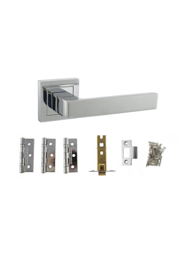 STATUS Montana Door Handle Pack (Latch Set - 2.5" CE Latch, 3" Fire Rated Hinges x3) - Polished Chrome