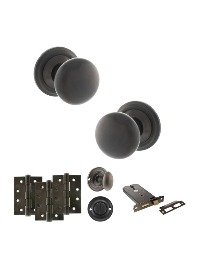 Old English Harrogate Door Knob Pack (Lock Set - Horizontal Bathlock, 4" Fire Rated Hinges x3) - Urban Dark Bronze