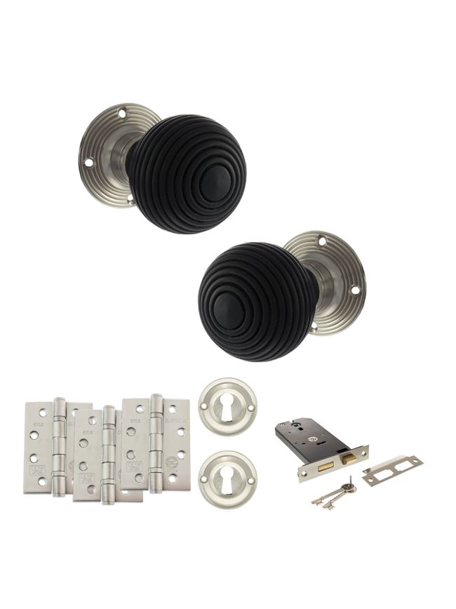 Old English Whitby Door Knob Pack (Lock Set - Horizontal Sashlock, 4" Fire Rated Hinges x3) - Satin Nickel