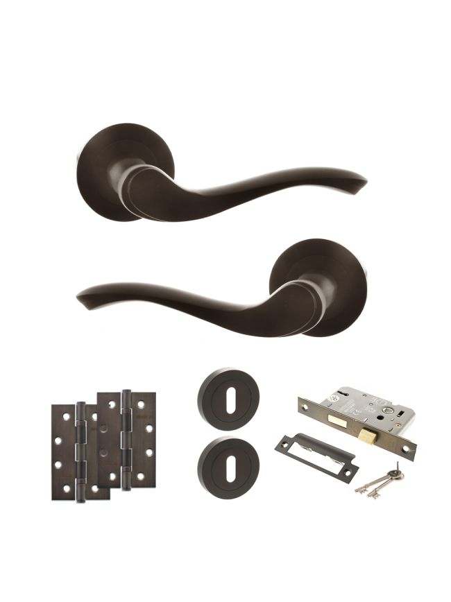 Old English Warwick Door Handle Pack (3 Lever Lock Set - 3" CE Sashlock, 4" Slim Knuckle Hinges x2) - Urban Dark Bronze