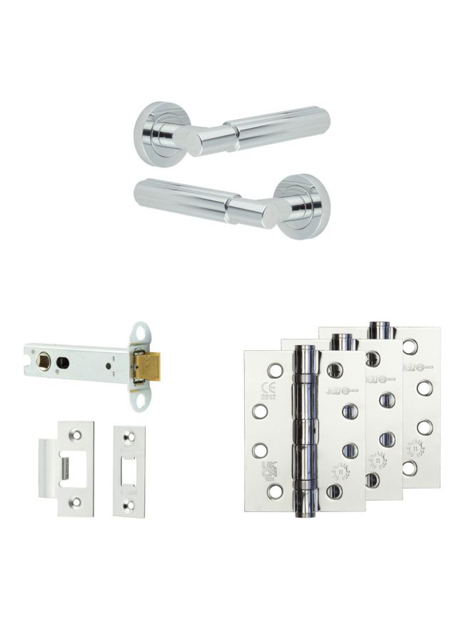 Complete Bloom Door Handle Pack - Heavy Duty Latch - Polished Chrome - 102mm / 4-inch Hinges - JE-B22A-PC